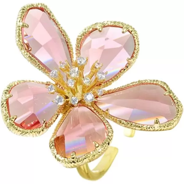 Dtja Shiny Crystal Flower Statement Ring for Women Girls Gold Plated Bling CZ Delicate Lightweight Adjustable Expandable Open Wrap Finger Rings Comfort Fit Boho Y2K Jewelry Wedding Birthday ChristmasPink