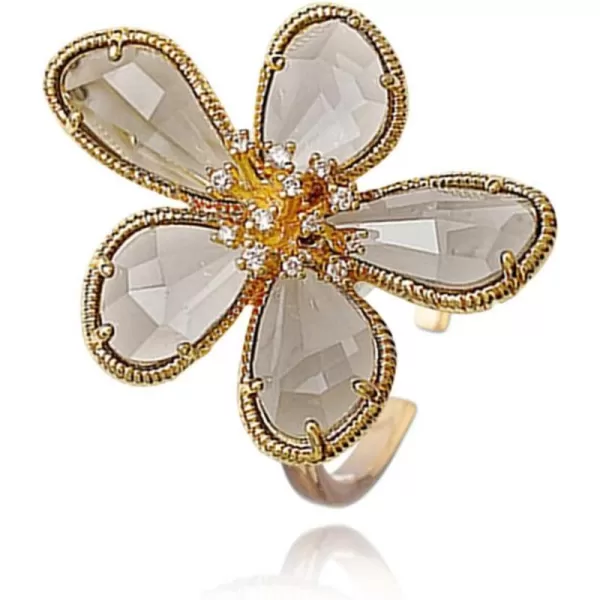 Dtja Shiny Crystal Flower Statement Ring for Women Girls Gold Plated Bling CZ Delicate Lightweight Adjustable Expandable Open Wrap Finger Rings Comfort Fit Boho Y2K Jewelry Wedding Birthday ChristmasGrey