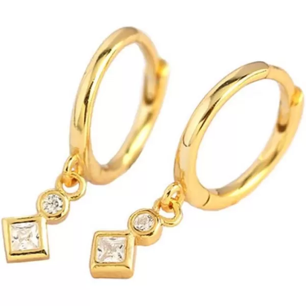 Geometric CZ Bezel Dangle Hoop Earrings for Women Girls 925 Sterling Silver Charms Minimalist Tiny Cubic Zirconia Drop Dangling Cartilage Helix Tragus Hypoallergenic Jewelry Dainty GiftsGold Plated