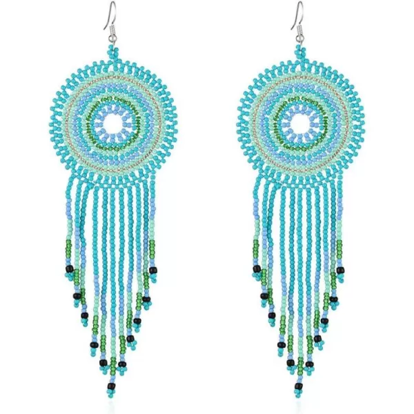 Handmade Long Fringe Drop Dangle Statement Earrings for Women Girls Acrylic Boho Ball Beads Round Hoop Tassel Chain Beaded Woven Chandelier Tribal Exaggerated Dreamcatcher Ear Piercing Hook JewelryBlue