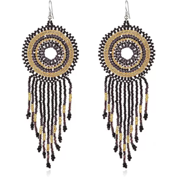 Handmade Long Fringe Drop Dangle Statement Earrings for Women Girls Acrylic Boho Ball Beads Round Hoop Tassel Chain Beaded Woven Chandelier Tribal Exaggerated Dreamcatcher Ear Piercing Hook JewelryGold