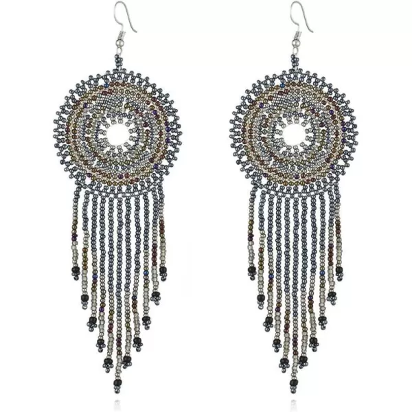 Handmade Long Fringe Drop Dangle Statement Earrings for Women Girls Acrylic Boho Ball Beads Round Hoop Tassel Chain Beaded Woven Chandelier Tribal Exaggerated Dreamcatcher Ear Piercing Hook JewelrySilver