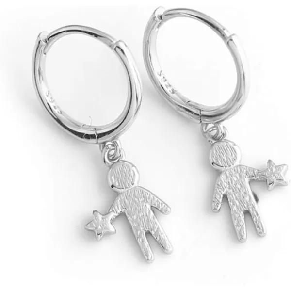 Huggie Small Sleeper Hoop Earrings for Women Girls Sterling Silver Cubic Zirconia with Charms Cute Star Love Heart Key Feather Drop Dangle Cuff Cartilage Helix Stud Dainty Multiple JewelrySilver Star Man