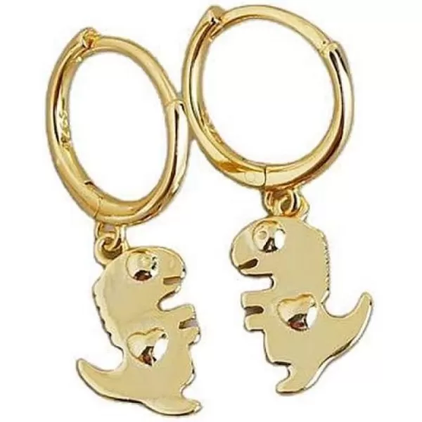 Huggie Small Sleeper Hoop Earrings for Women Girls Sterling Silver Cubic Zirconia with Charms Cute Star Love Heart Key Feather Drop Dangle Cuff Cartilage Helix Stud Dainty Multiple JewelryGold Dinosaur