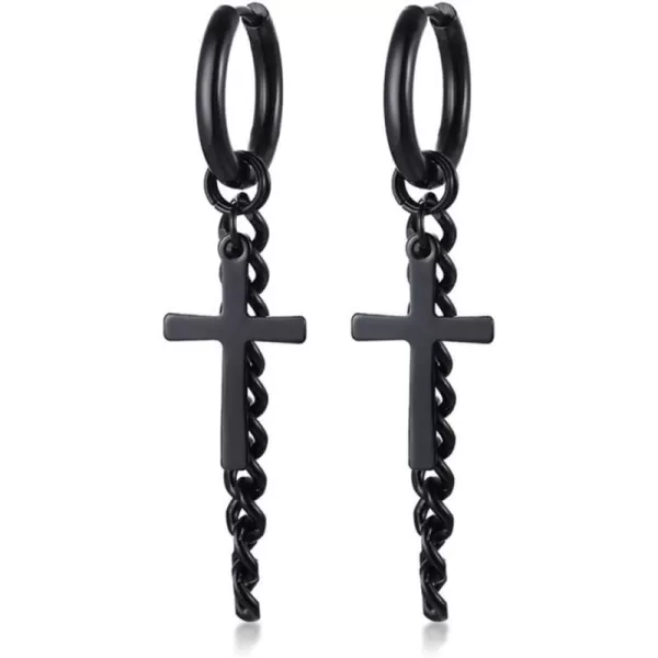 Mens Cross Chain Dangle Small Hoop Earrings for Men Women Stainless Steel Black Charm Tassel Drop Dangling Huggie Hoops Cartilage Cuff Clip Hypoallergenic Fashion Unisex EarringBlack