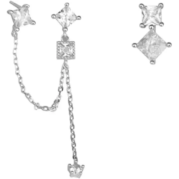 Princess Cut Cubic Zirconia Double Piercing Chain Dangle Cartilage Stud Earrings for Women Girls 925 Sterling Silver Dainty Geometric Round CZ Cuff Tassel Drop Climber Crawler Fashion Asymmetrical Jewelry GiftsPrincess Cut Cubic Zirconia Double Piercing Chain Dangle Cartilage Stud Earrings for Women Girls 925 Sterling Silver Dainty Geometric Round CZ Cuff Tassel Drop Climber Crawler Fashion Asymmetrical Jewelry Gifts