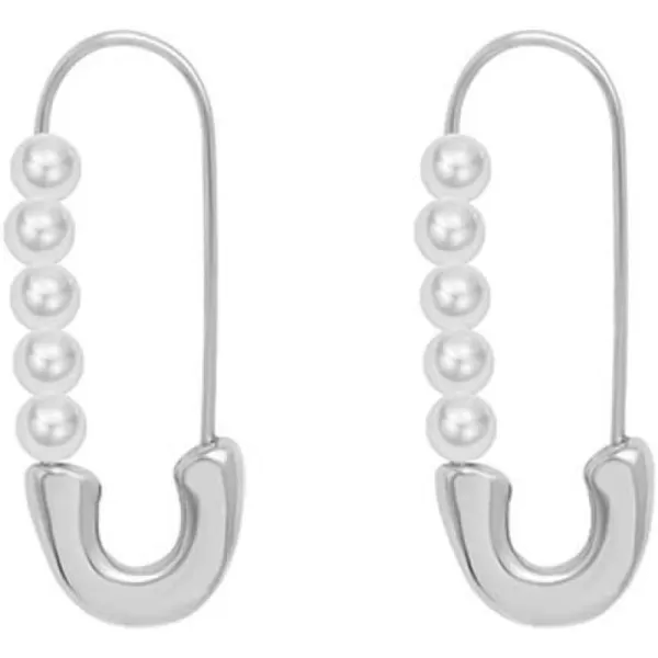 Retro Pearl Safety Pin Cartilage Hoop Earrings for Women Girls Stainless Steel Imitation Pearls Cute Hoops Dangle Drop Fashion Hypoallergenic Jewelry Gifts 25mmSilver