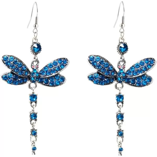 Rhinestone Dragonfly Dangle Earrings for Women Girls Hypoallergenic Cubic Zirconia Crystal Drop Animal Insect Statement Hook Stud Earrings Delicate Elegant Wedding Birthday Christmas JewelryBlue CZ