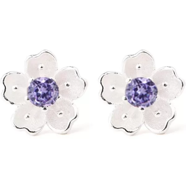 Sterling Silver CZ Flower Cartilage Stud Earrings for Women Teen Girls Crystal Birthstones Cherry Blossom Jasmine Tiny Small Flower Cute Stud Post Pin Hypoallergenic Boho Birthday JewelryAmethyst Diamond