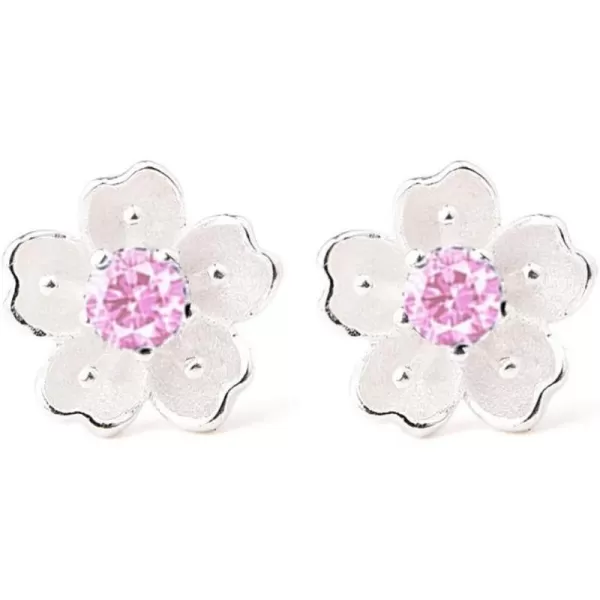 Sterling Silver CZ Flower Cartilage Stud Earrings for Women Teen Girls Crystal Birthstones Cherry Blossom Jasmine Tiny Small Flower Cute Stud Post Pin Hypoallergenic Boho Birthday JewelryPink Diamond
