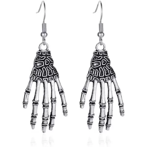 Vintage Gothic Dangle Hook Earrings for Women Girls Silver Tone Exaggerated Hand Hollow Head Dancing Skull Small Cute Bat Dangling Studs Halloween Party Jewelry GiftsSkull Hand