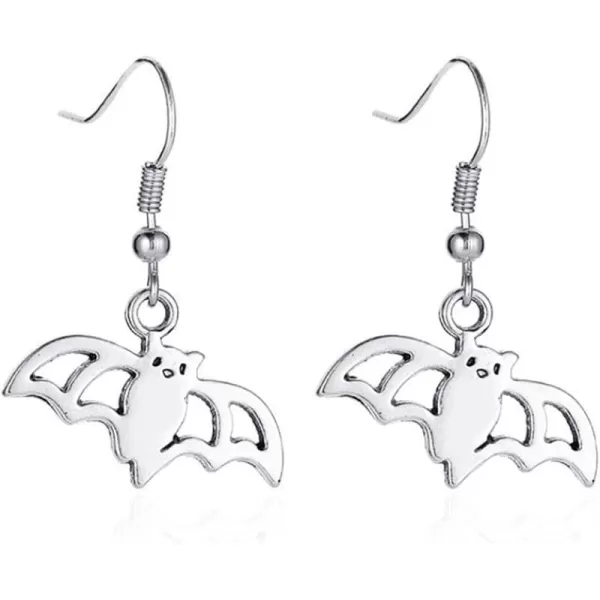 Vintage Gothic Dangle Hook Earrings for Women Girls Silver Tone Exaggerated Hand Hollow Head Dancing Skull Small Cute Bat Dangling Studs Halloween Party Jewelry GiftsCute Bat
