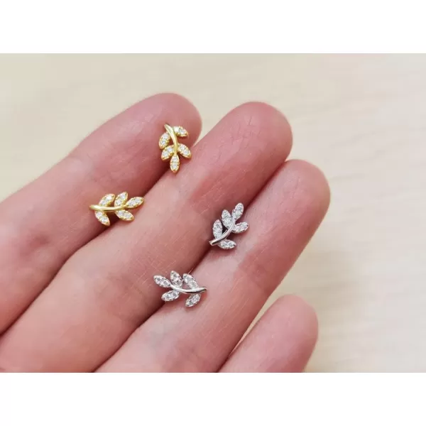 20G CZ Leaf Earrings 925 Sterling Silver Dainty Small 4mm Ball Stud Cartilage Earring for Women Girls Hypoallergenic Nikel Free Cubic Zirconia Cute Leaves Tragus Post Body Piercing Jewelry Gifts18K White Gold
