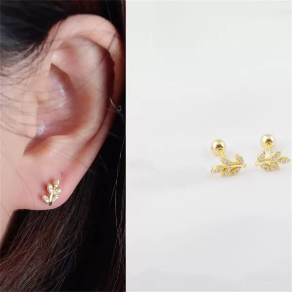 20G CZ Leaf Earrings 925 Sterling Silver Dainty Small 4mm Ball Stud Cartilage Earring for Women Girls Hypoallergenic Nikel Free Cubic Zirconia Cute Leaves Tragus Post Body Piercing Jewelry Gifts18K Gold Plated