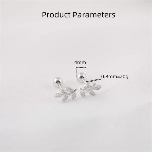 20G CZ Leaf Earrings 925 Sterling Silver Dainty Small 4mm Ball Stud Cartilage Earring for Women Girls Hypoallergenic Nikel Free Cubic Zirconia Cute Leaves Tragus Post Body Piercing Jewelry Gifts18K White Gold