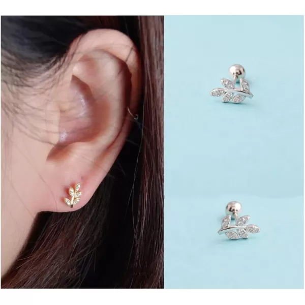 20G CZ Leaf Earrings 925 Sterling Silver Dainty Small 4mm Ball Stud Cartilage Earring for Women Girls Hypoallergenic Nikel Free Cubic Zirconia Cute Leaves Tragus Post Body Piercing Jewelry Gifts18K White Gold