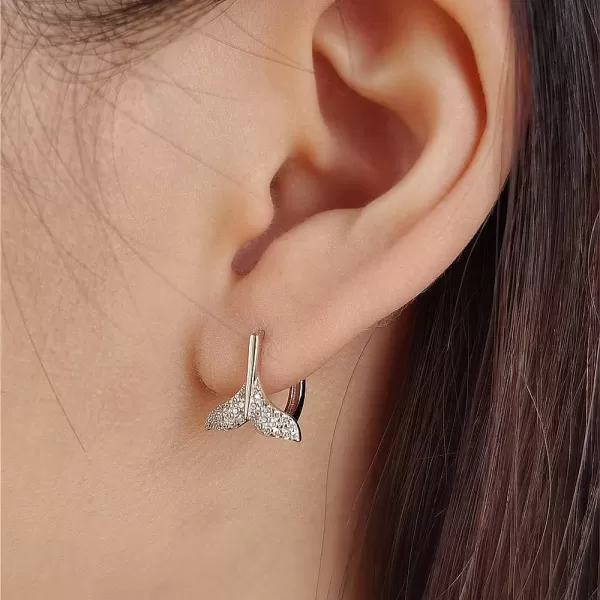 CZ Mermaid Tail Small Hoop Earrings 925 Sterling Silver for Women Girls Cubic Zirconia Cute Fish Tail Tiny Huggie Sleeper Hoops Cartilage Hypoallergenic Dainty Gifts for Daughter NieceWhite Gold
