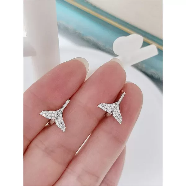 CZ Mermaid Tail Small Hoop Earrings 925 Sterling Silver for Women Girls Cubic Zirconia Cute Fish Tail Tiny Huggie Sleeper Hoops Cartilage Hypoallergenic Dainty Gifts for Daughter NieceWhite Gold