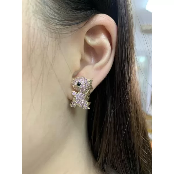 Dainty Dinosaur Earrings for Women Girls Sterling Silver Post Pin Hypoallergenic Cubic Zirconia Small Crystal Animal Dragon Stud Sensitive Ears Birthday Anniversary Christmas Jewelry Gifts BoxGold with Pink CZ