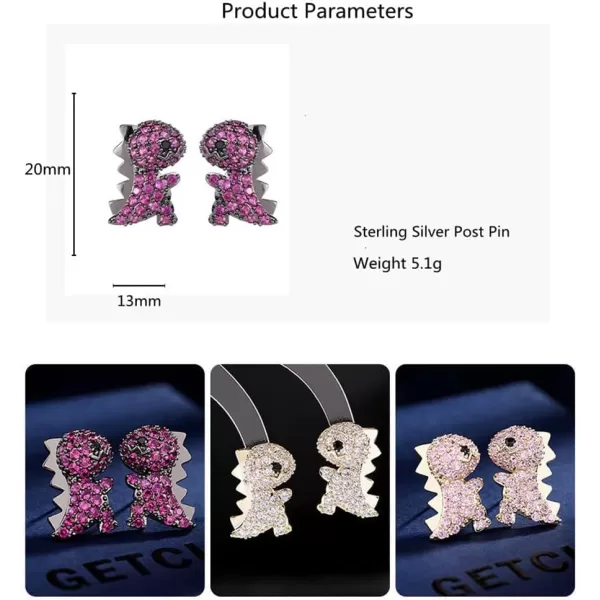 Dainty Dinosaur Earrings for Women Girls Sterling Silver Post Pin Hypoallergenic Cubic Zirconia Small Crystal Animal Dragon Stud Sensitive Ears Birthday Anniversary Christmas Jewelry Gifts BoxBlack with Aubergine CZ