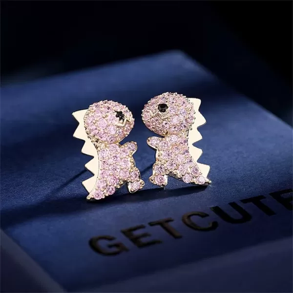 Dainty Dinosaur Earrings for Women Girls Sterling Silver Post Pin Hypoallergenic Cubic Zirconia Small Crystal Animal Dragon Stud Sensitive Ears Birthday Anniversary Christmas Jewelry Gifts BoxGold with Pink CZ