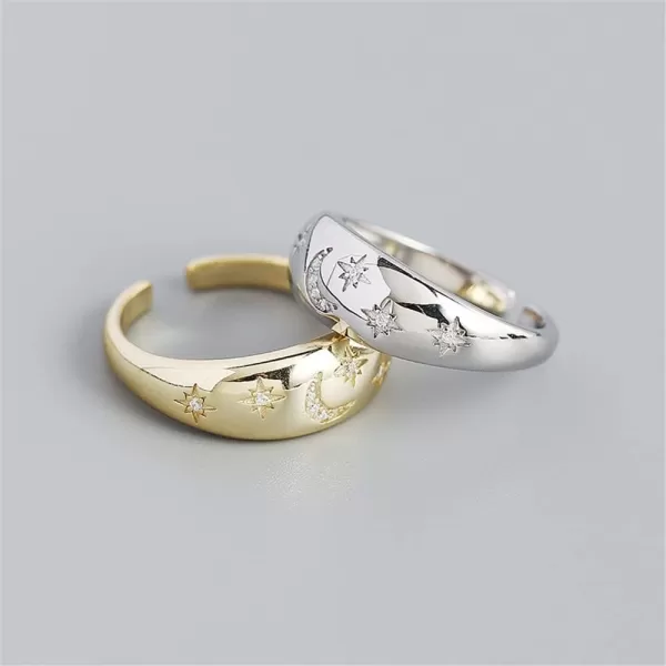 Dome CZ Star Moon 925 Sterling Silver Statement Ring for Women Girls Expandable Adjustable Chunky Wide Open Band Rings Comfort Fit JewelryGold Plated