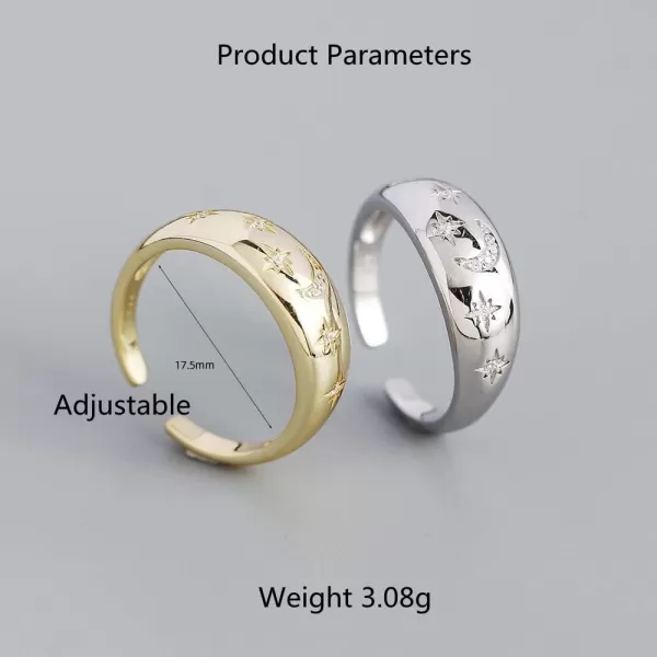 Dome CZ Star Moon 925 Sterling Silver Statement Ring for Women Girls Expandable Adjustable Chunky Wide Open Band Rings Comfort Fit JewelryGold Plated