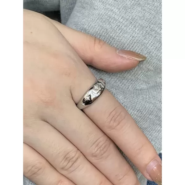 Dome CZ Star Moon 925 Sterling Silver Statement Ring for Women Girls Expandable Adjustable Chunky Wide Open Band Rings Comfort Fit JewelrySilver