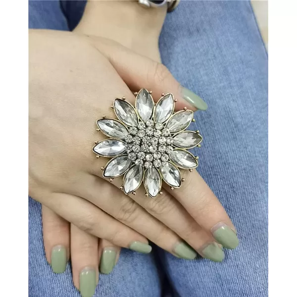Dtja Boho Big CZ Sunflower Statement Ring for Women Girls Bohemian Antique Gold Tone Mosaic Crystal Expandable Open Wrap Finger Rings Adjustable Comfort Fit Indian Bollywood Style Exaggerated Jewelry195in