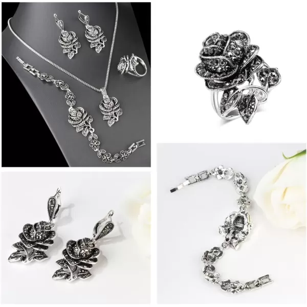 Dtja Vintage CZ Rose Flower Earrings Pendant Necklace Bracelet Jewelry Set for Women Girl Silvery Black Crystal Boho Wedding Cocktail Party Mothers Day Jewelry Gifts 5 PCsDtja Vintage CZ Rose Flower Earrings Pendant Necklace Bracelet Jewelry Set for Women Girl Silvery Black Crystal Boho Wedding Cocktail Party Mothers Day Jewelry Gifts 5 PCs
