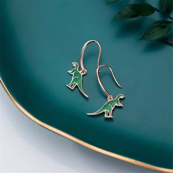 Enamel Dragon Sterling Silver Dinosaur Dangle Hook Earrings for Women Girls Men Hypoallergenic Unique Green Animal Drop Dangling Stud Jewelry Fashion Personalized PunkRose Gold Plated