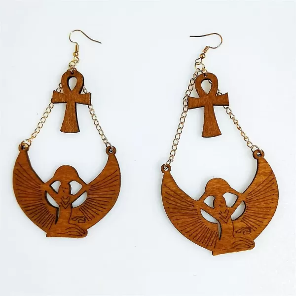 Lightweight Wooden Dangle Drop Earrings for Women Girls Retro African Boho Ethnic Geometric Cross Animal Shell Filigree Wood Ear Piercing JewelryAnkh