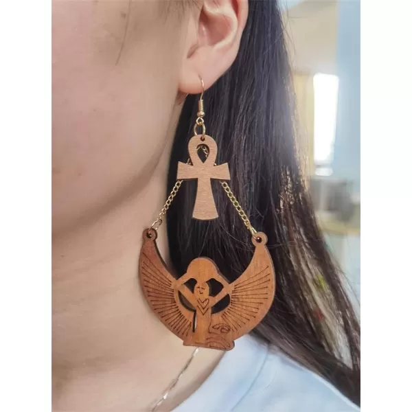 Lightweight Wooden Dangle Drop Earrings for Women Girls Retro African Boho Ethnic Geometric Cross Animal Shell Filigree Wood Ear Piercing JewelryAnkh