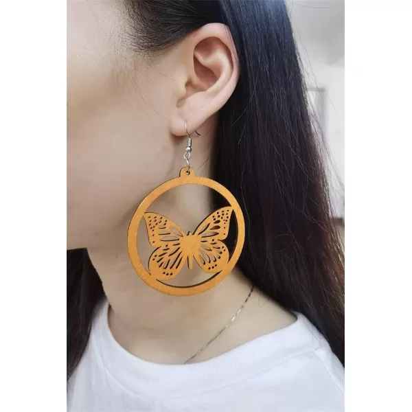 Lightweight Wooden Dangle Drop Earrings for Women Girls Retro African Boho Ethnic Geometric Cross Animal Shell Filigree Wood Ear Piercing JewelryButterfly