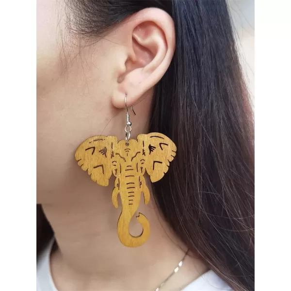 Lightweight Wooden Dangle Drop Earrings for Women Girls Retro African Boho Ethnic Geometric Cross Animal Shell Filigree Wood Ear Piercing JewelryElephant