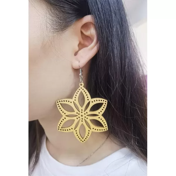 Lightweight Wooden Dangle Drop Earrings for Women Girls Retro African Boho Ethnic Geometric Cross Animal Shell Filigree Wood Ear Piercing JewelryFlower