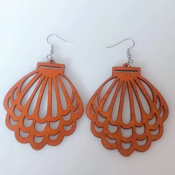 Lightweight Wooden Dangle Drop Earrings for Women Girls Retro African Boho Ethnic Geometric Cross Animal Shell Filigree Wood Ear Piercing JewelryScallop