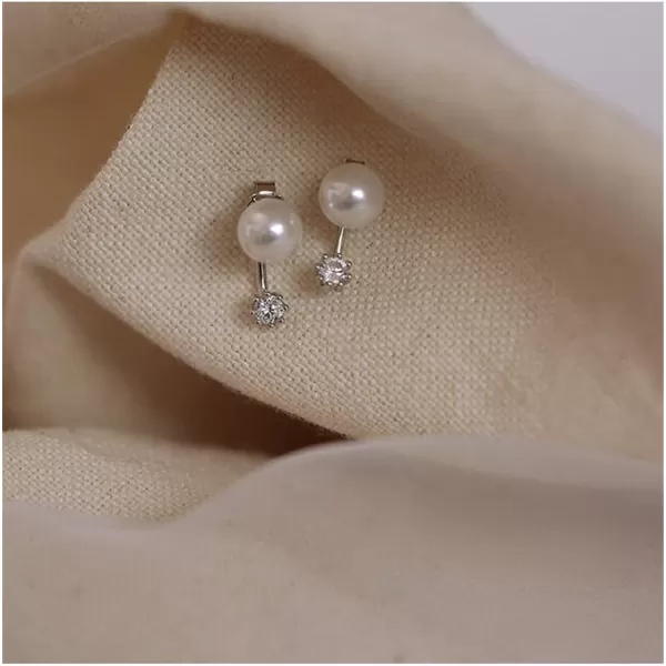 Round CZ Ear Jacket Pearl Ball Stud Earrings for Women Girls Sterling Silver Tiny Small Crystal Drop Imitated White Pearl Front Back Cuff Studs Tragus Post Pin Minimalist Cute JewelrySilver