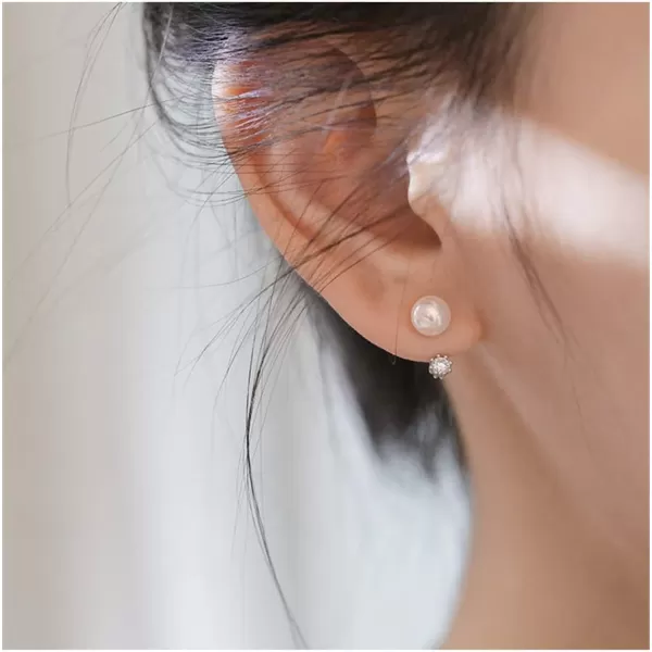 Round CZ Ear Jacket Pearl Ball Stud Earrings for Women Girls Sterling Silver Tiny Small Crystal Drop Imitated White Pearl Front Back Cuff Studs Tragus Post Pin Minimalist Cute JewelrySilver