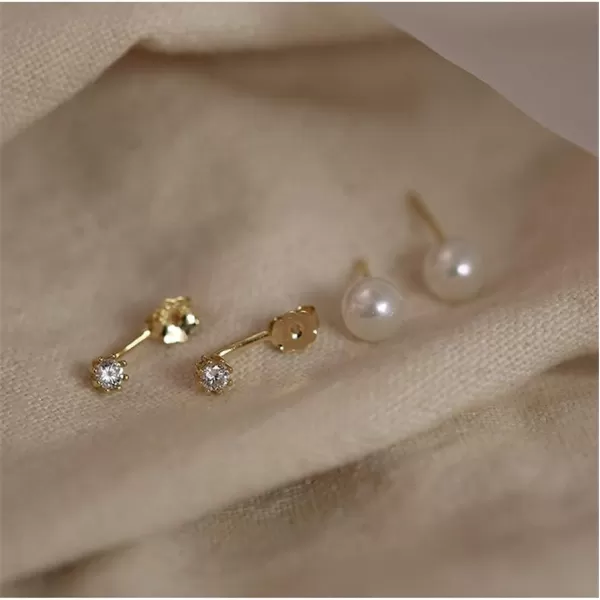 Round CZ Ear Jacket Pearl Ball Stud Earrings for Women Girls Sterling Silver Tiny Small Crystal Drop Imitated White Pearl Front Back Cuff Studs Tragus Post Pin Minimalist Cute JewelryGold