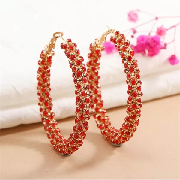 Shiny Big Hoop Earrings for Women Girls Boho Rhinestone Wrapped Hoops Dangle Huggie Earring Lightweight Comfortable Sparkle Wedding Christmas Birthday Jewelry Gifts 50mmRed CZ