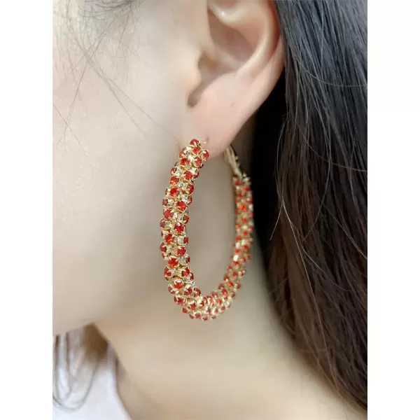 Shiny Big Hoop Earrings for Women Girls Boho Rhinestone Wrapped Hoops Dangle Huggie Earring Lightweight Comfortable Sparkle Wedding Christmas Birthday Jewelry Gifts 50mmRed CZ