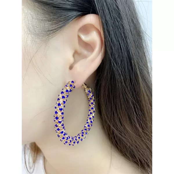 Shiny Big Hoop Earrings for Women Girls Boho Rhinestone Wrapped Hoops Dangle Huggie Earring Lightweight Comfortable Sparkle Wedding Christmas Birthday Jewelry Gifts 50mmBlue CZ