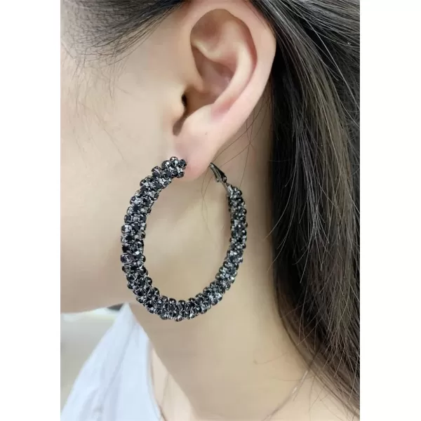 Shiny Big Hoop Earrings for Women Girls Boho Rhinestone Wrapped Hoops Dangle Huggie Earring Lightweight Comfortable Sparkle Wedding Christmas Birthday Jewelry Gifts 50mmBlack CZ