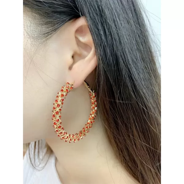 Shiny Big Hoop Earrings for Women Girls Boho Rhinestone Wrapped Hoops Dangle Huggie Earring Lightweight Comfortable Sparkle Wedding Christmas Birthday Jewelry Gifts 50mmRed CZ