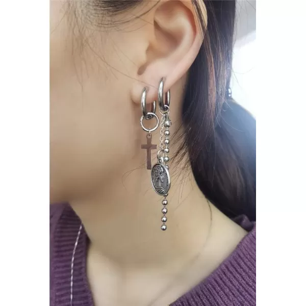 Vintage Disc Cross Stainless Steel Dangle Hoop Earrings for Women Girls Men Fashion Charm Asymmetrical Queen Medal Ball Bead Tassel Chain Drop Danling Personalized Punk Kpop Unisex JewelryVintage Disc Cross Stainless Steel Dangle Hoop Earrings for Women Girls Men Fashion Charm Asymmetrical Queen Medal Ball Bead Tassel Chain Drop Danling Personalized Punk Kpop Unisex Jewelry