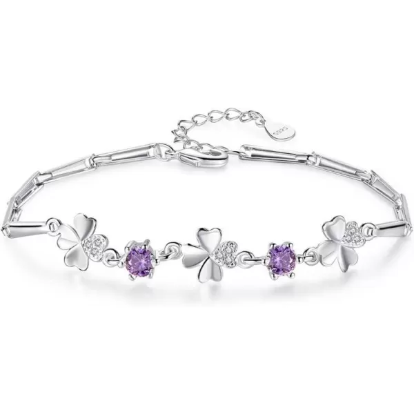 Amethyst CZ Heart Clover Flower Bracelet for Women Girls 14K White Gold Plated Cubic Zirconia Birthstone Love Charms Adjustable Rectangle Bamboo Chains Fashion Dainty Jewelry Gift Birthday WeddingAmethyst CZ Heart Clover Flower Bracelet for Women Girls 14K White Gold Plated Cubic Zirconia Birthstone Love Charms Adjustable Rectangle Bamboo Chains Fashion Dainty Jewelry Gift Birthday Wedding