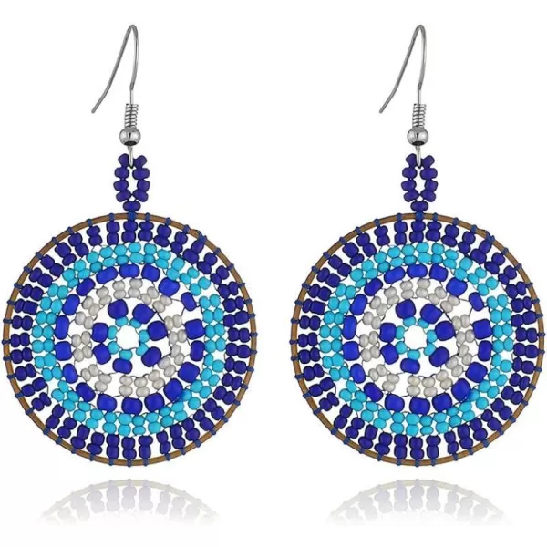 Boho Round Beaded Dangle Drop Earrings for Women Girls Handmade Ball Bead Seed Evil Eye Statement Big Dangling Hook Stud Earring Retro Bohemian Summer Sea Beach Jewelry BlueBoho Round Beaded Dangle Drop Earrings for Women Girls Handmade Ball Bead Seed Evil Eye Statement Big Dangling Hook Stud Earring Retro Bohemian Summer Sea Beach Jewelry Blue