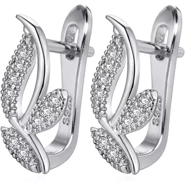 CZ Grass Leaf Small Hoop Earrings 14G Ear Piercing Cartilage Studs Earring for Women Girls 925 Silver Plated Cubic Zirconia Cluster Leaves Lever Back ClickTop Huggie Hoops Wedding JewelrySilver