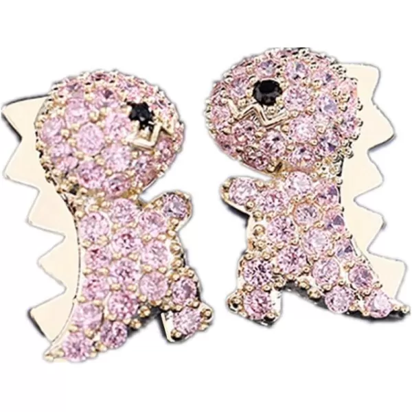Dainty Dinosaur Earrings for Women Girls Sterling Silver Post Pin Hypoallergenic Cubic Zirconia Small Crystal Animal Dragon Stud Sensitive Ears Birthday Anniversary Christmas Jewelry Gifts BoxGold with Pink CZ